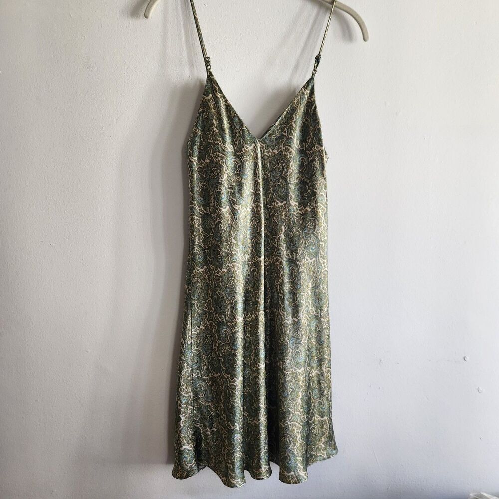 Zara Ruched Floral Paisley Print Satin Mini Slip Babydoll Dress Spaghetti Strap - Picture 2 of 7
